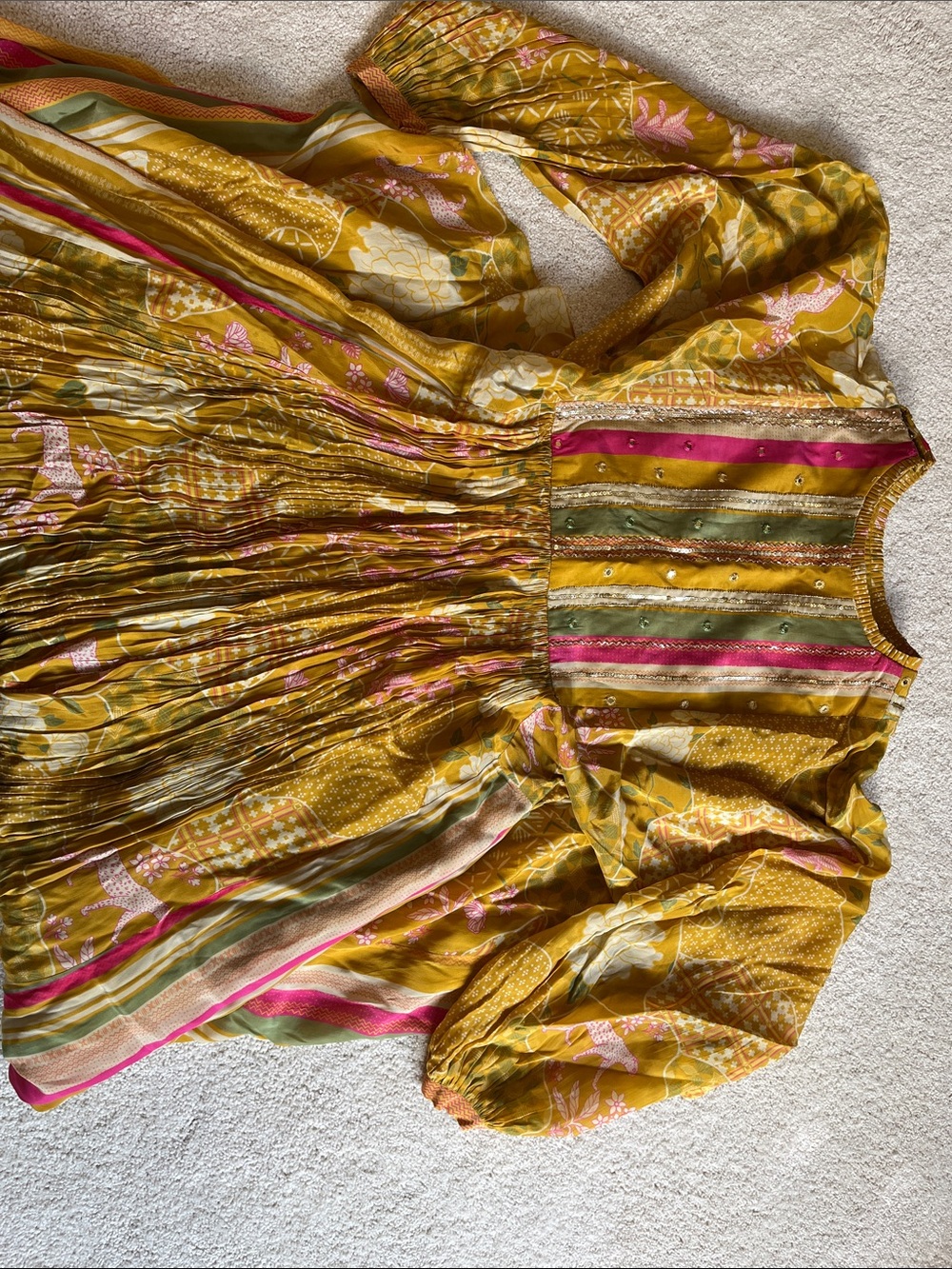 Mustard Yellow Floral Stripe Boho  Indian Dress with Pink & Green Accents